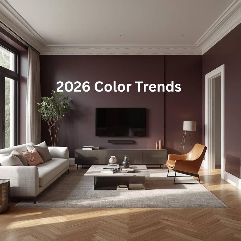 2026 paint color trends hero image showing a modern living room with deep plum walls, warm wood floors, and contemporary furniture