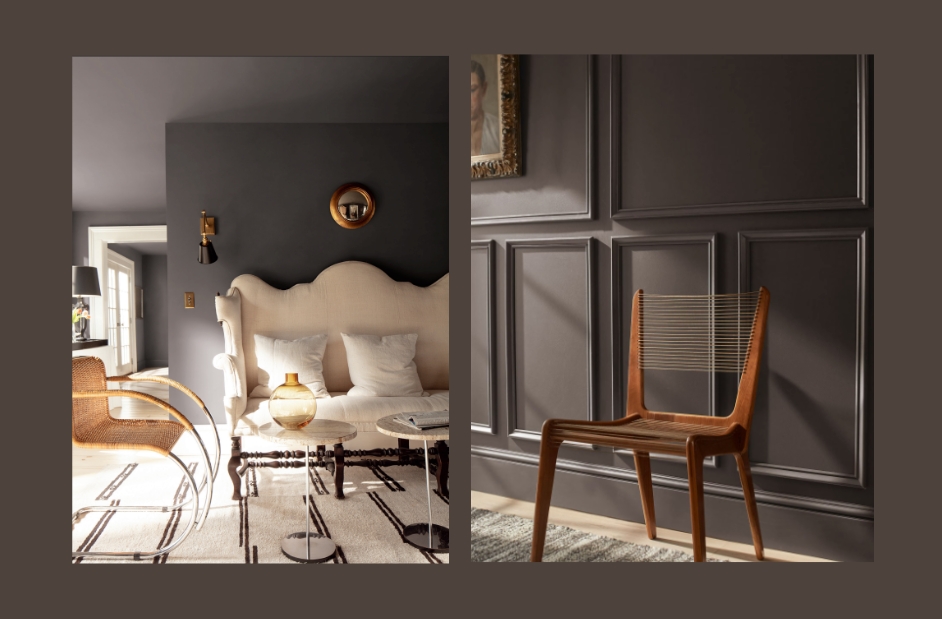 Benjamin Moore Color of the Year 2026 Silhouette AF-655 — a deep, smoky charcoal paint with undertones of plum and burnt umber, creating an atmosphere of quiet luxury. Shown on living room walls paired with warm neutrals, natural wood, and soft lighting for a modern, sophisticated look.