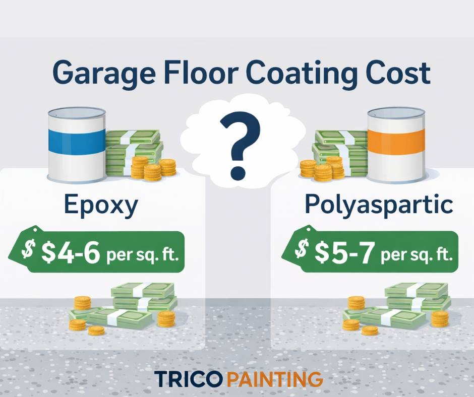 Garage floor coating cost Roseville CA comparison showing how epoxy and polyaspartic systems affect pricing based on preparation and concrete condition.
