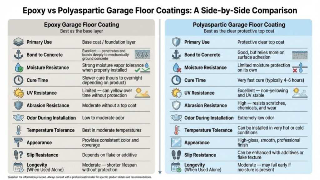 Epoxy vs polyaspartic garage floors comparison in Roseville CA showing differences in cost, durability, cure time, moisture resistance, and performance