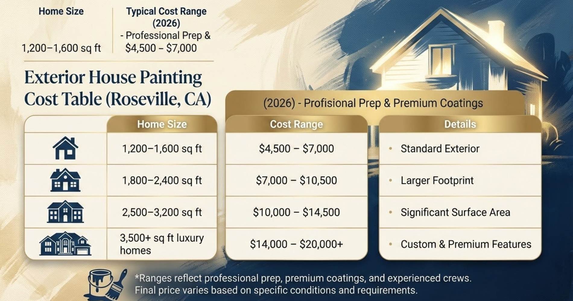 Exterior house painting cost table for Roseville, CA homes (2026 pricing guide)